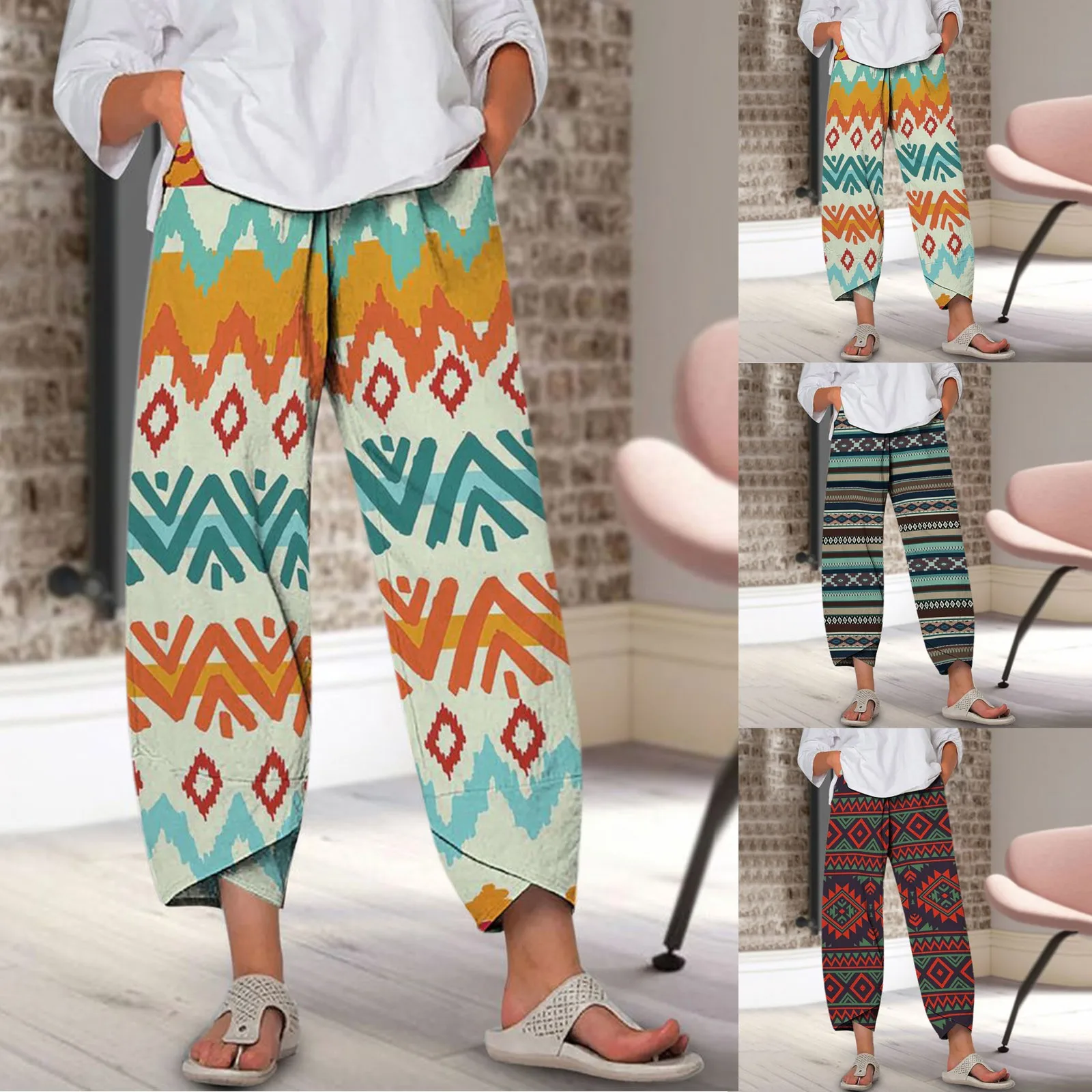 

Women Loose Cargo Pantalon Vintage Printed Casual High Waist Elastic Waist Straight Ladies Pants Irregular Cropped Pants Pantalo