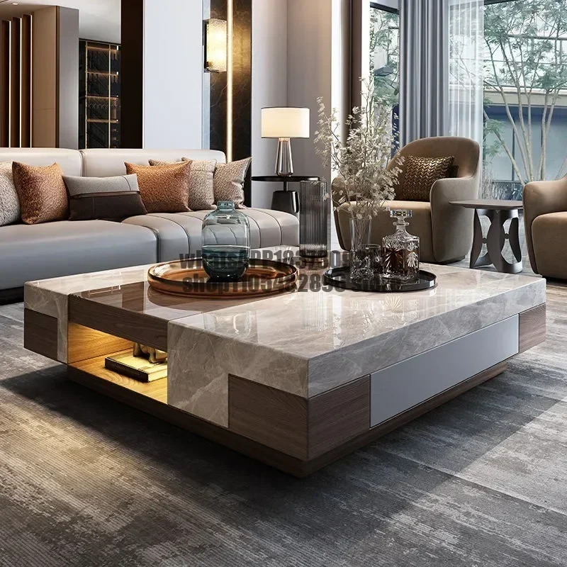 High-end all-solid wood square marble coffee table modern simple villa living room household type