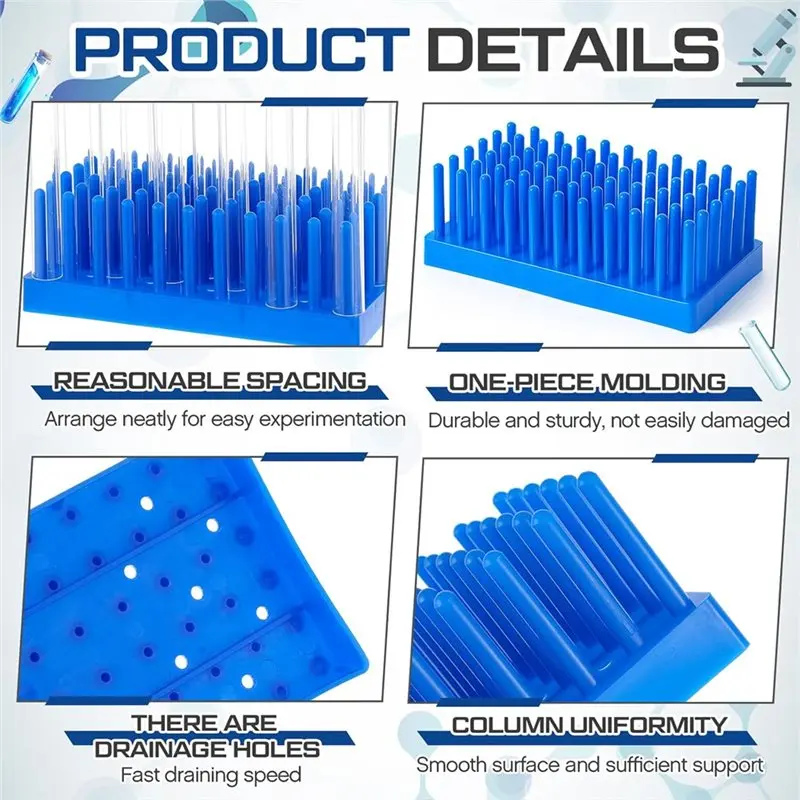2 Pack Blue Plastic Test Tube Rack, 66 Columns, Drip Style Design, For Drying And Storing For Laboratory Scientific Lab-AEF7