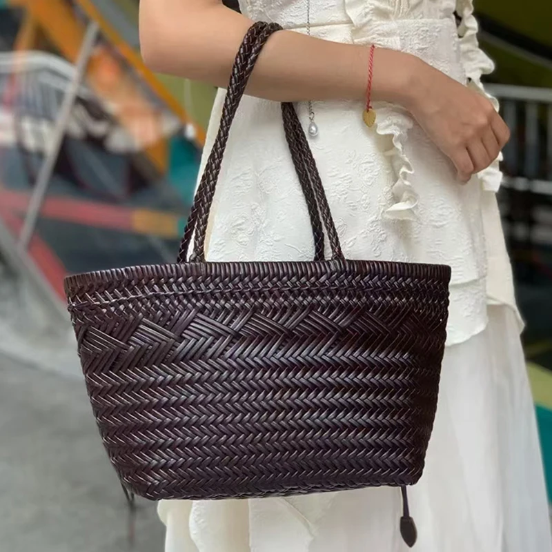 French Solid Color Woven Tote Bag Genuine Leather Simple Retro Shoulder Bag Summer Beach Travel Vacation Large Capacity Handbag