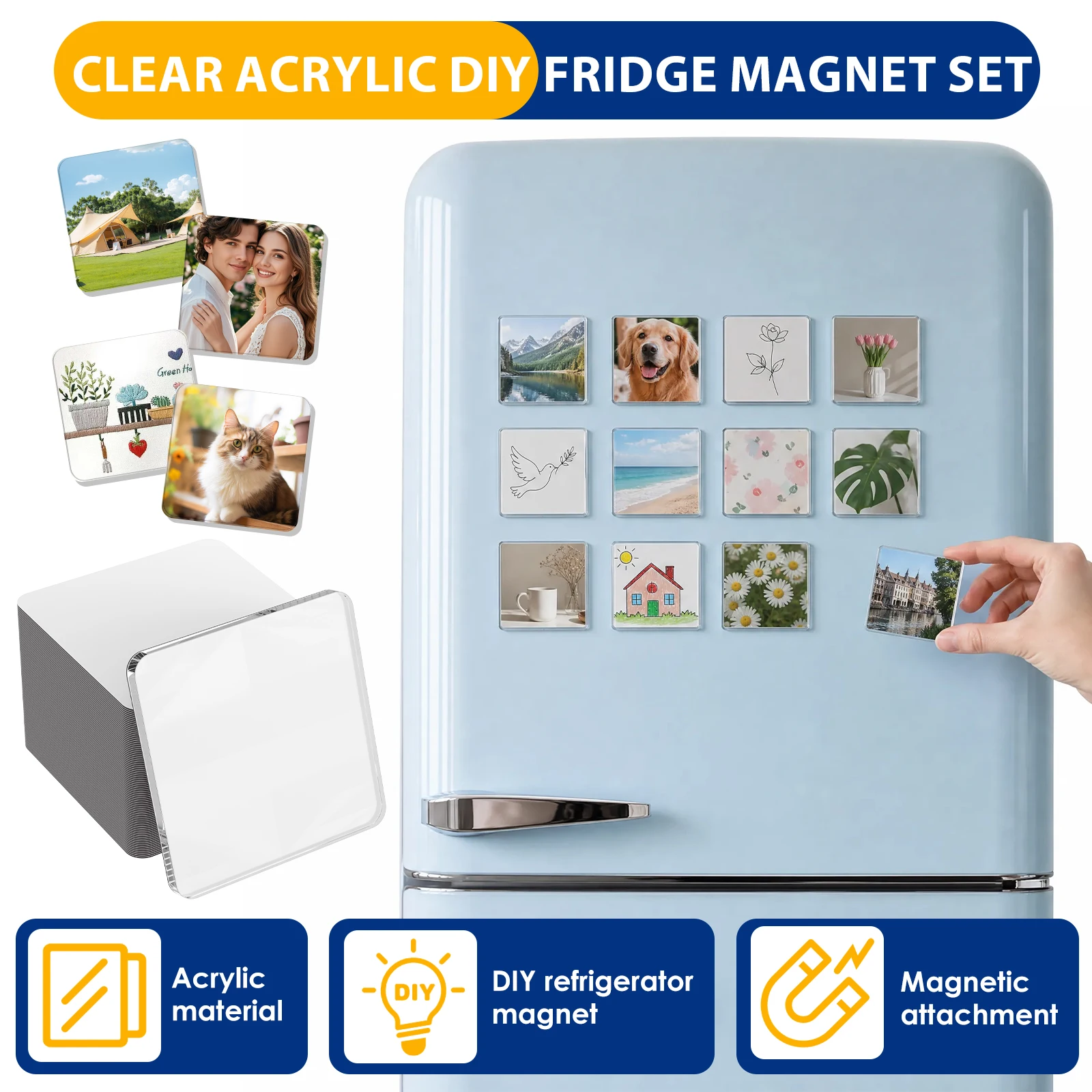 24/30PCS Square Acrylic Fridge Magnet Kit Refrigerator Magnet Sticker with Storage Box Home Decor Photos Postcard Handmade Craft