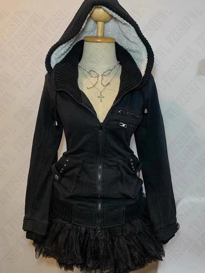 Уличная винтажная толстовка с капюшоном в стиле Харадзюку, осень-зима, заклепками, крутая девушка, готическая толстовка на молнии, пальто, плюшевая шапка в стиле панк, теплая короткая куртка-кардиган Y2K