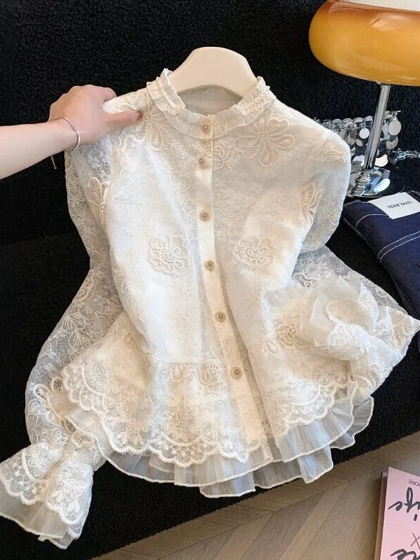 

Elegant Korean Style Embroidered Lace Shirt Women's Early Spring Long Sleeve Stand Collar Button up Casual Fashion Top