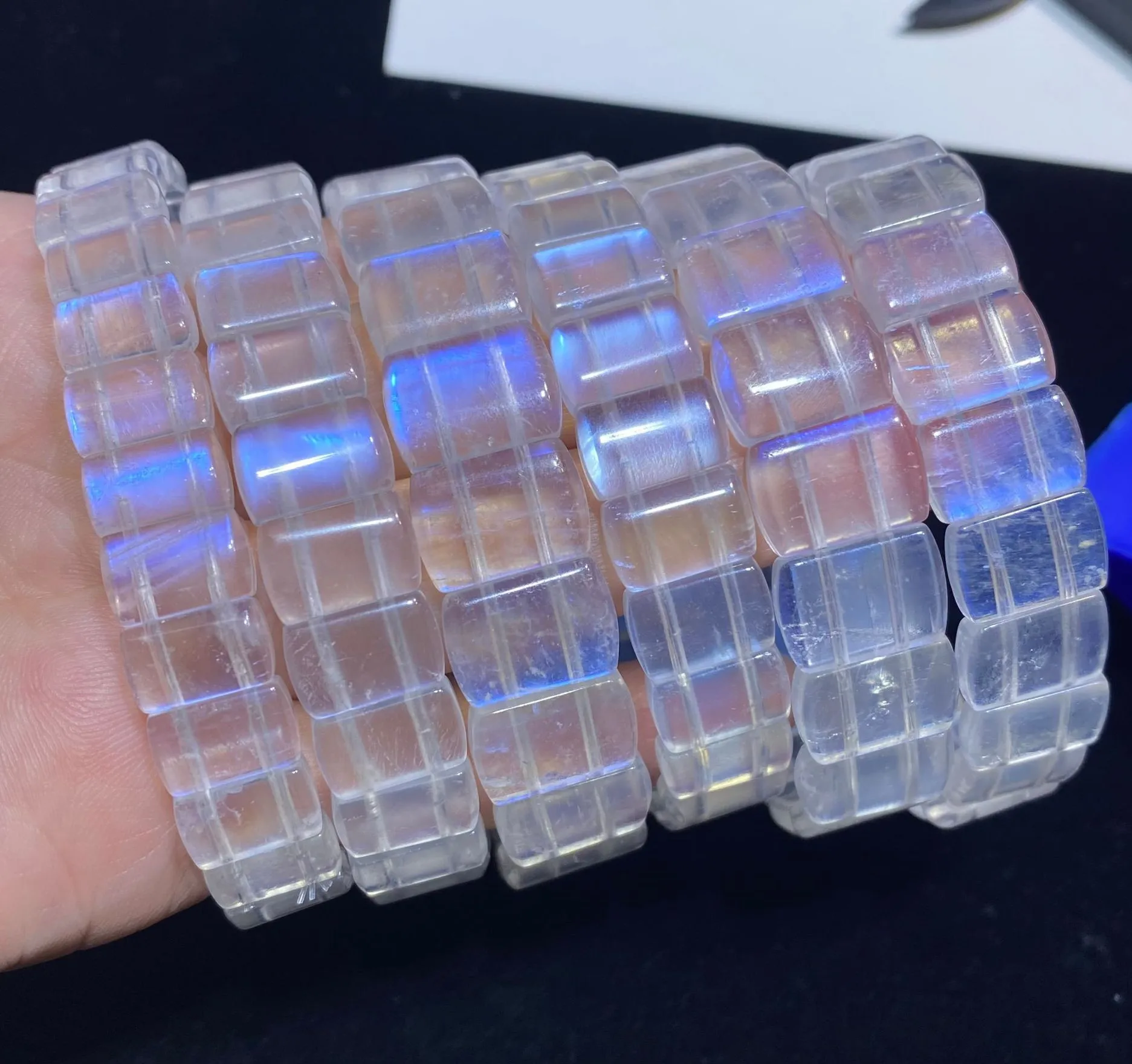 

Natural Blue Moonstone Clear Rectangle Beads Bracelet 12mm 14mm Women Stretch Moonstone Gemstone Rectangle Beads AAAAAA