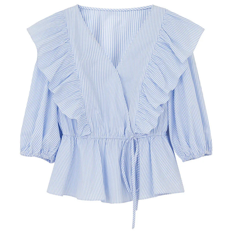 Elegant Ruffles Bandage Bow Shirring Striped Puff Sleeve Blouse Female Clothing 2023 Summer New Casual Pullovers Sweet Shirt