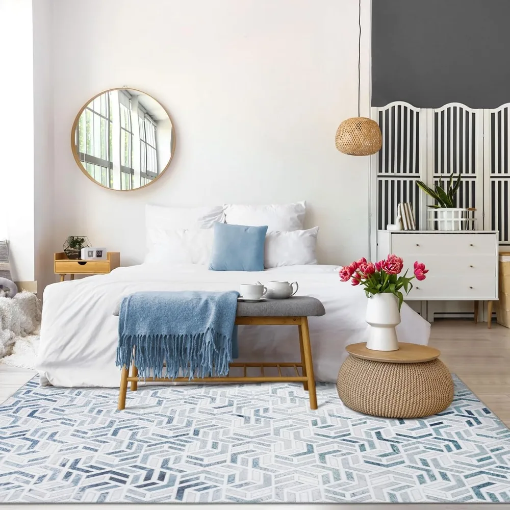 سجادة جلد البقر الصناعي الهندسية الحديثة، 8 × 10 أقدام، سجادة غير قابلة للانزلاق قابلة للغسل في الغسالة لغرفة المعيشة #5