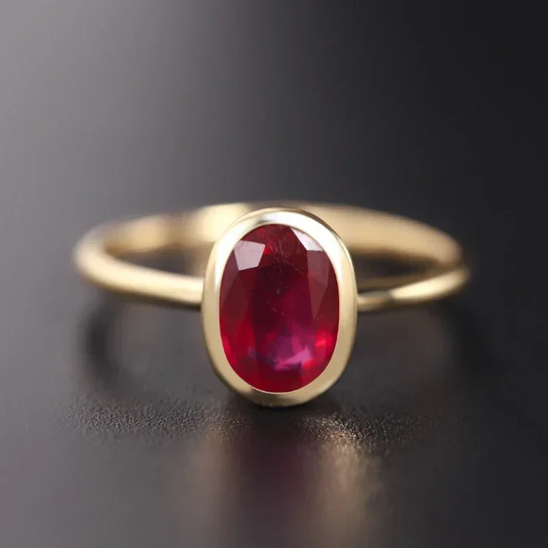 Cincin Rubi Oval klasik untuk wanita, perhiasan perak pertunangan pernikahan sederhana mewah ringan elegan