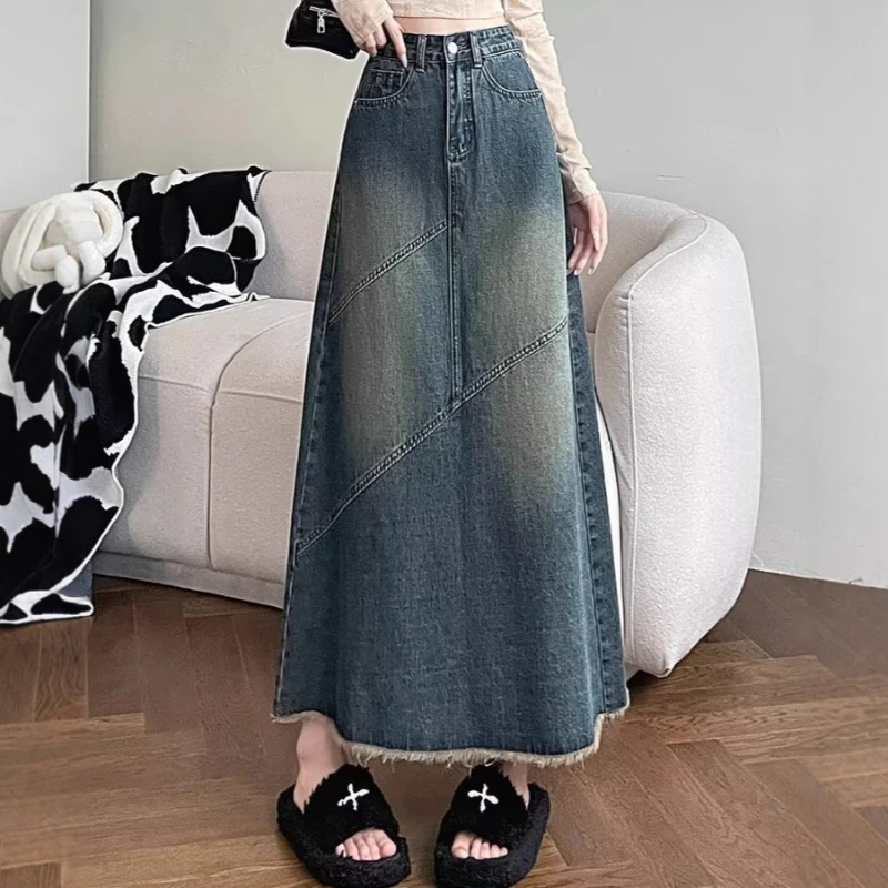 

Women Denim Skirts Solid Skirt A Line Button Pocket Ankle Length Zipper Fly Empire Waist None Strech Casual 2026 Spring Summer