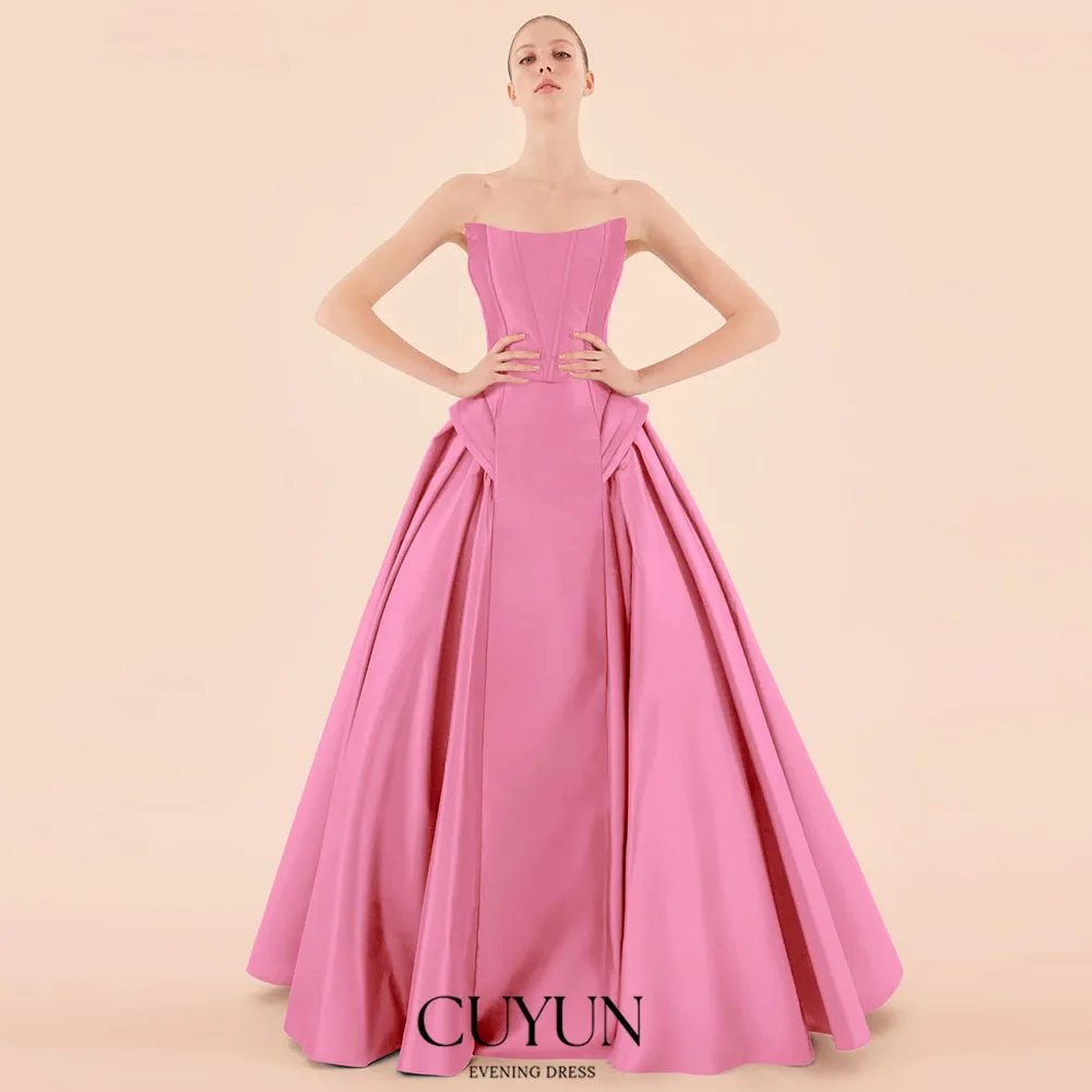 

CUYUN Customized Princess A Line Pink Evening Gown Strapless Floor-Length Satin Long Prom Dresses 2026 New Formal Event Dresses