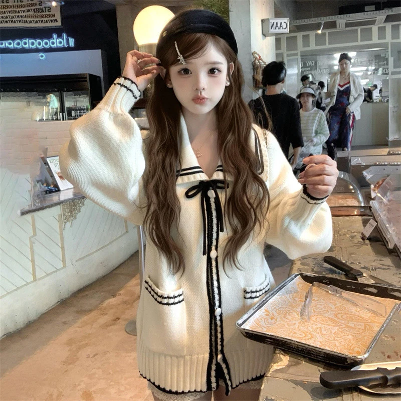 

Sweet Bow Knitted Cardigan Women Japanese Kawaii Long Sleeve Sweater Outerwears Korean Preppy Knitwears Winter Loose Jumpers New