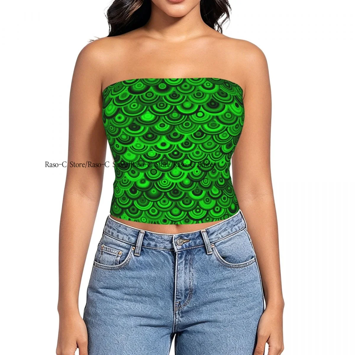 Strapless Sexy Tube Tops Summer Outfits Women Backless Shoulder Wrap Green Dragon Scales Fish Scale Female Crop Top