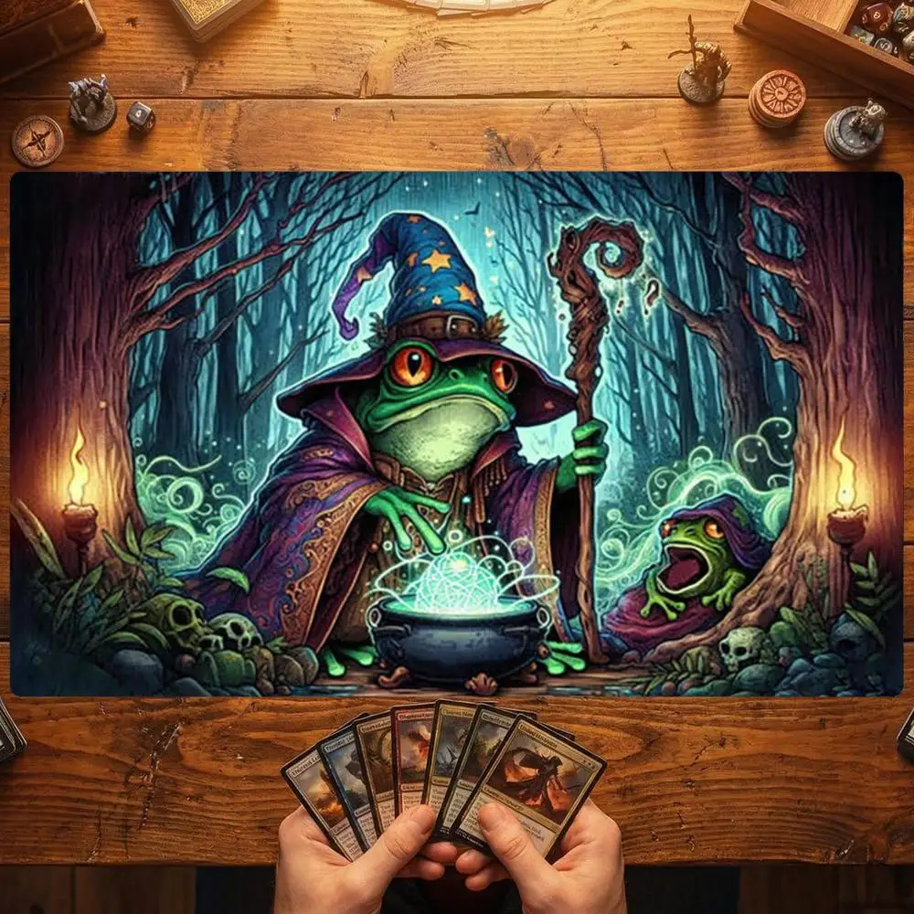 TCG Playmat Mystic Frog Wizard Cauldron 35X60CM Magic Card Battle Mat Non‑Slip Durable Stitched Edge Tabletop Playmat