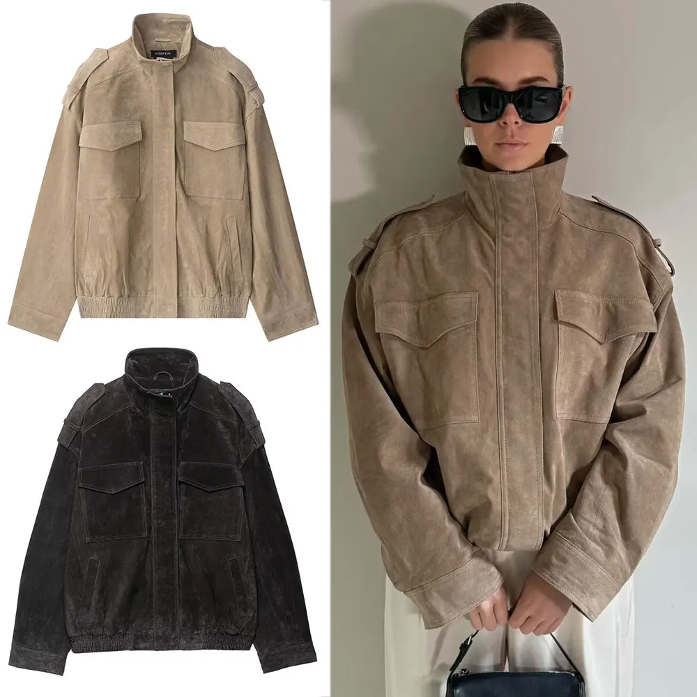 

TRAFZA Women Casual Solid Jackets Turtleneck Long Sleeve Zipper Loose Coats With Pocket Autumn Casual Office Lady Outwear