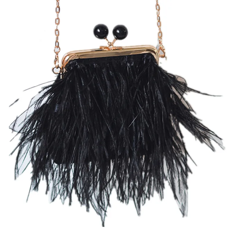 Luxury Real Ostrich Feather Box Shape Party Clutch Evening Bag Chic Design Purses and Handbags Female Chain Shoulder Bag Wedding