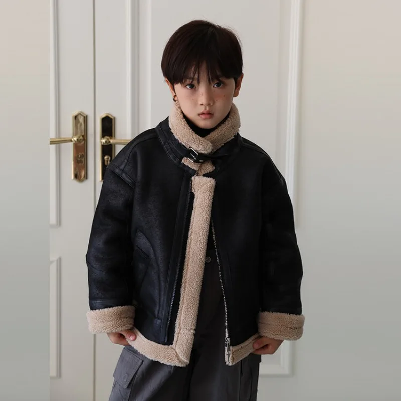 Boys Suede Leather Jacket Warm Shearling-lined Thickened Kids Winter Coats Girls Faux Fur Outerwear Teen Children Top Clothes