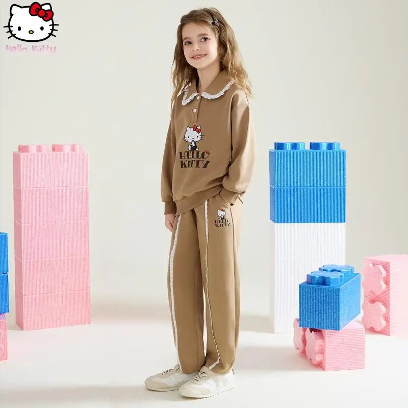 

Hello Kitty Kawaii футболка для девочек костюм аниме мультфильм весна осень Sanrio новая кружевная толстовка с лацканами брюки повседневная приятная для кожи