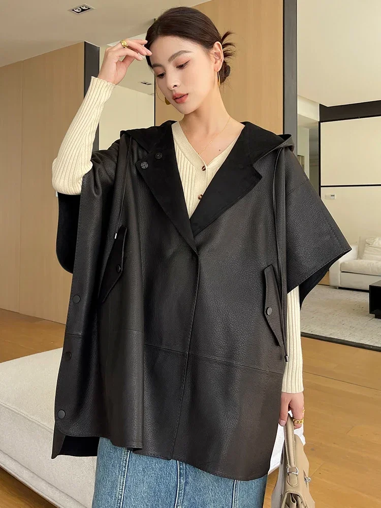 

High-end Hooded Cape Natural Sheepskin Coats for Women 2024 Trend Simple Mid-length Genuine Leather Oversized Sleeveless Jacket