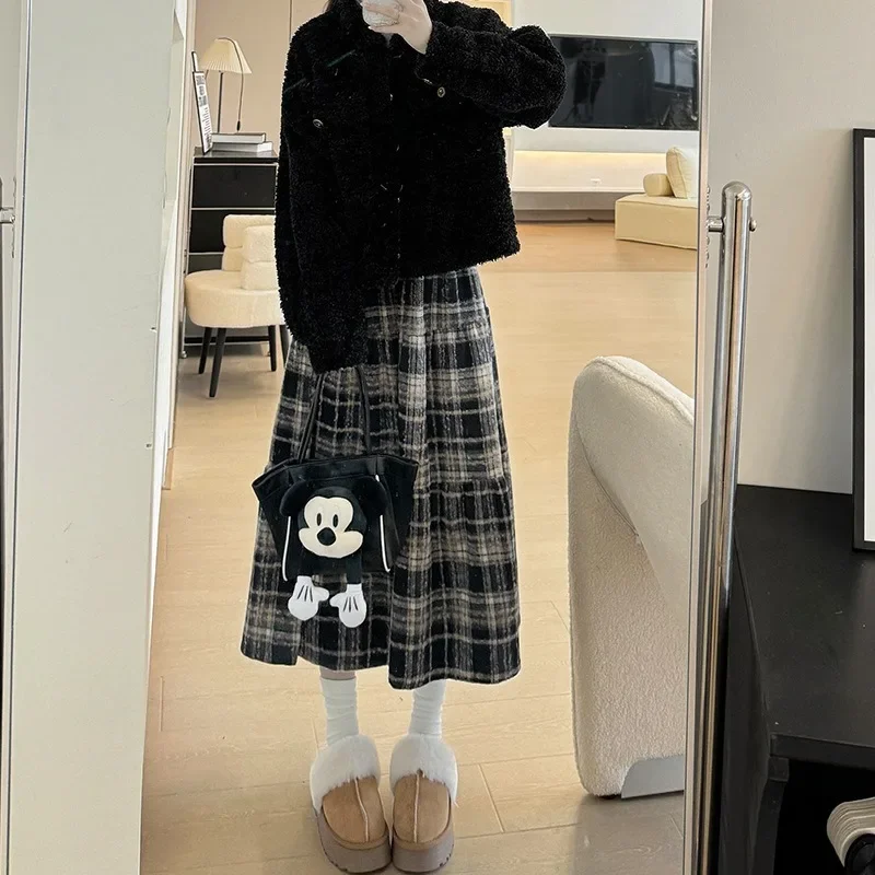 High Waist Medium Length Stripe Woolen Skirt 2026 Elegant Slimming A-line Cake Skirt Korean Fashion Black Checkered Skirt