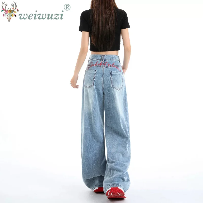 Women High Rise Wide Leg Jeans Relaxed Fit with Bold Red Letter Embroidery Chic Floor-Grazing Casual Trousers for Street Style