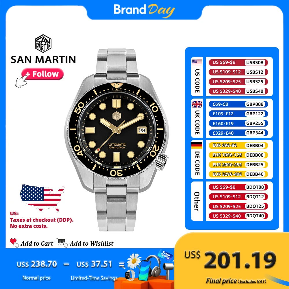

Мужские часы для дайвинга San Martin, дизайнерские часы размером 44 мм, спортивные стальные винтажные NH35 с автоматическим механическим сапфиром и водонепроницаемостью 300 м, SN0087