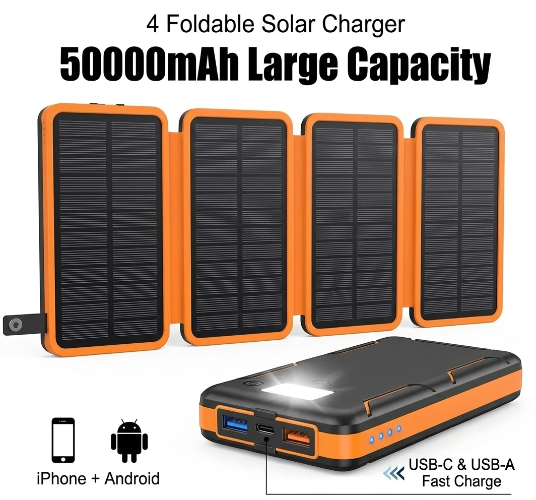 50000mAh Solar Power Bank Foldable Solar Charger Portable External Battery Waterproof Camping Poverbank Smartphone