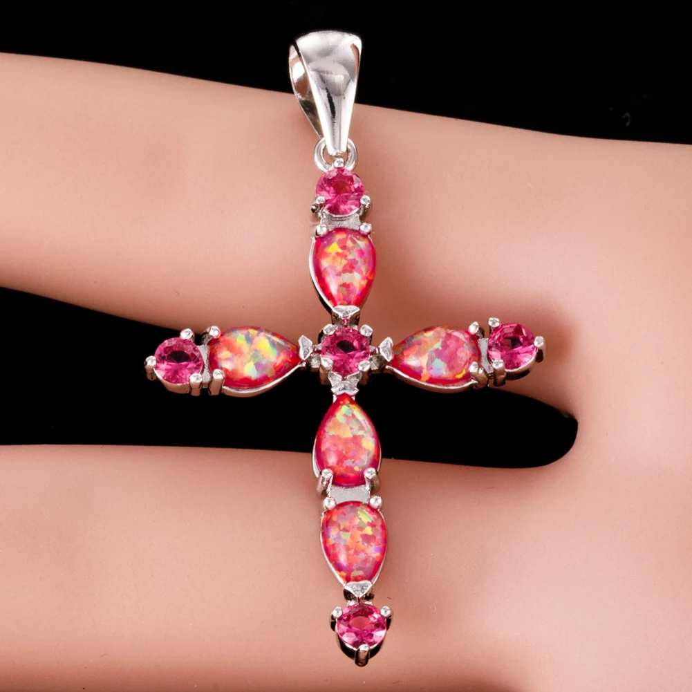 KONGMOON Gothic Cross Rose Red CZ Red Fire Opal Jewelry for Women Pendant for Necklace