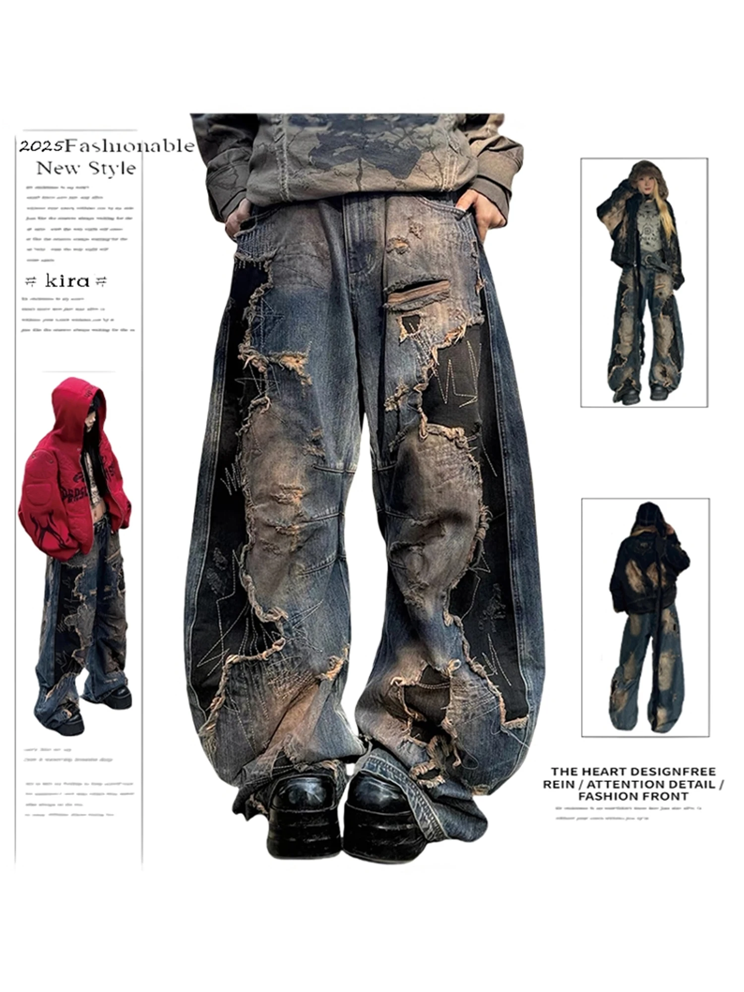 

Women's High Waist Wide Leg Dark Blue Jeans Distressed Ripped Patchwork Vintage Washed Y2K Streetwear Denim Trousers