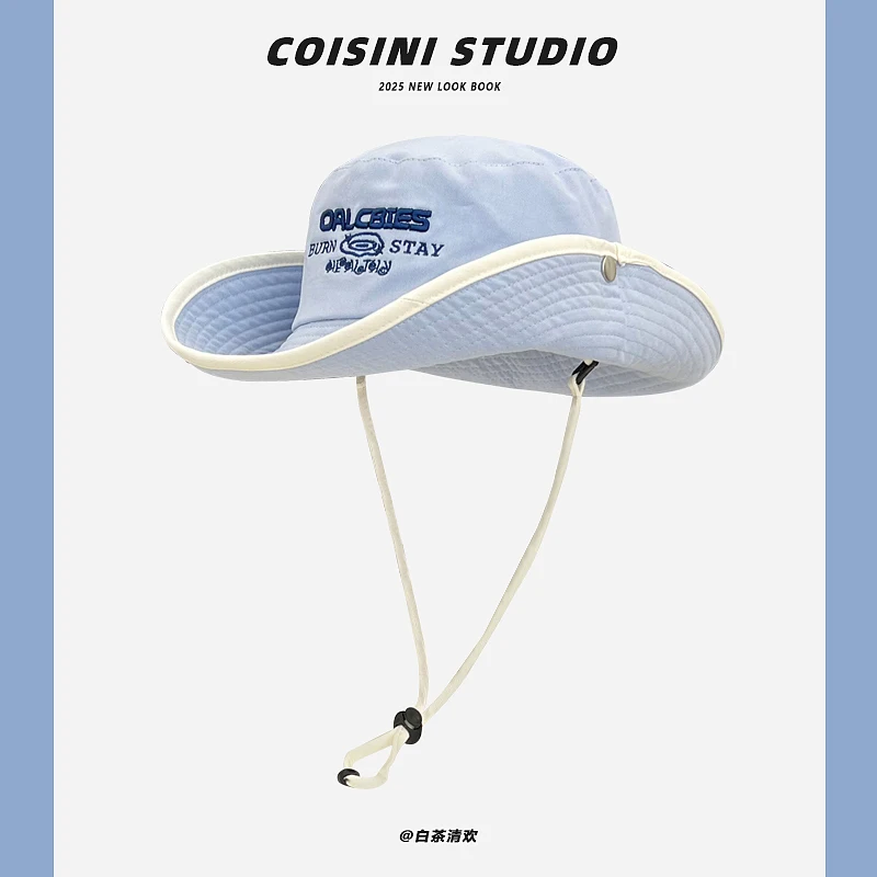 Retro Letter Embroidery Western Cowboy Caps for Men and Women Summer Outdoor Sunscreen Fashion Big Brim Drawstring Bucket Hat