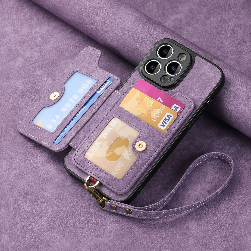 Funda de teléfono de cuero de lujo para iPhone 14 15 16 17 Pro Max Air 16e Plus 13 12 11 con ranura para tarjetas anillo hebilla cordón contraportada LD4