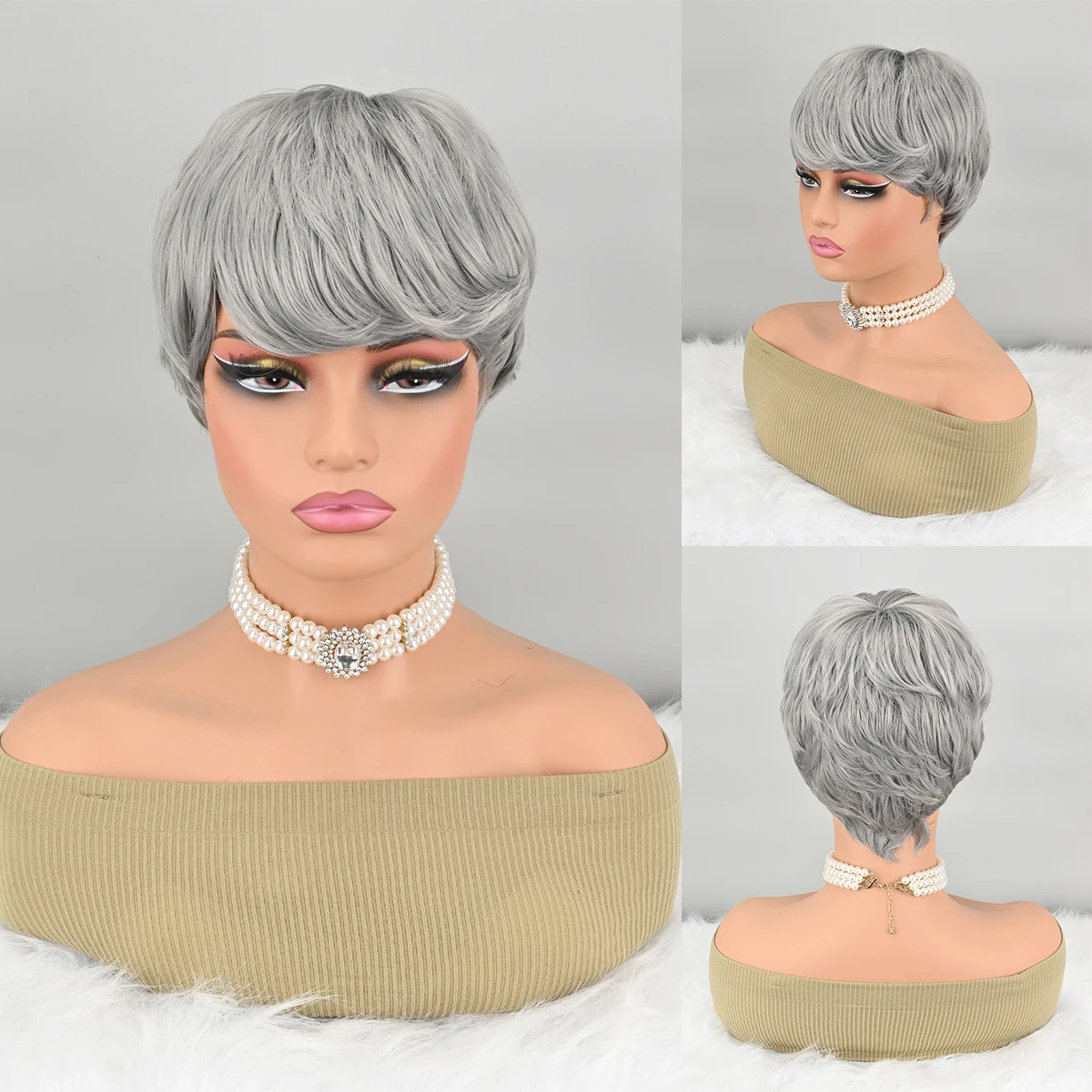 باروكات رمادية للنساء السود، باروكات صناعية قصيرة، باروكات قصيرة مجعدة، شعر قصير مع غرة للنساء ذوات البشرة السمراء، شعر مستعار قصير بيكسي #1