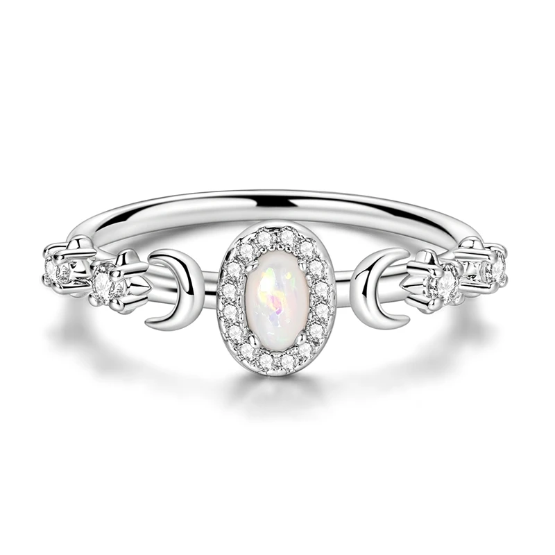Women's 925 Sterling Silver Sparkling Stars Moon Opal Ring