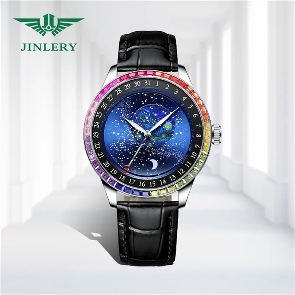 

JINLERY Men Watches Automantic Mechanical Clock Starry Sky Pattern Design Fashion Watch Colorful Diamond Wristwatch 2022 New