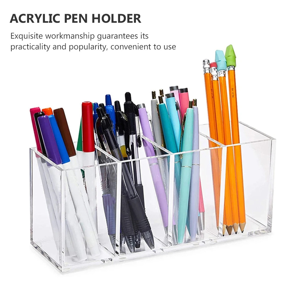 

Acrylic Holder 4-Compartment Pen Holder Transparent Stationery Organizer Desktop Storage Box For Pens Pencils Makeup