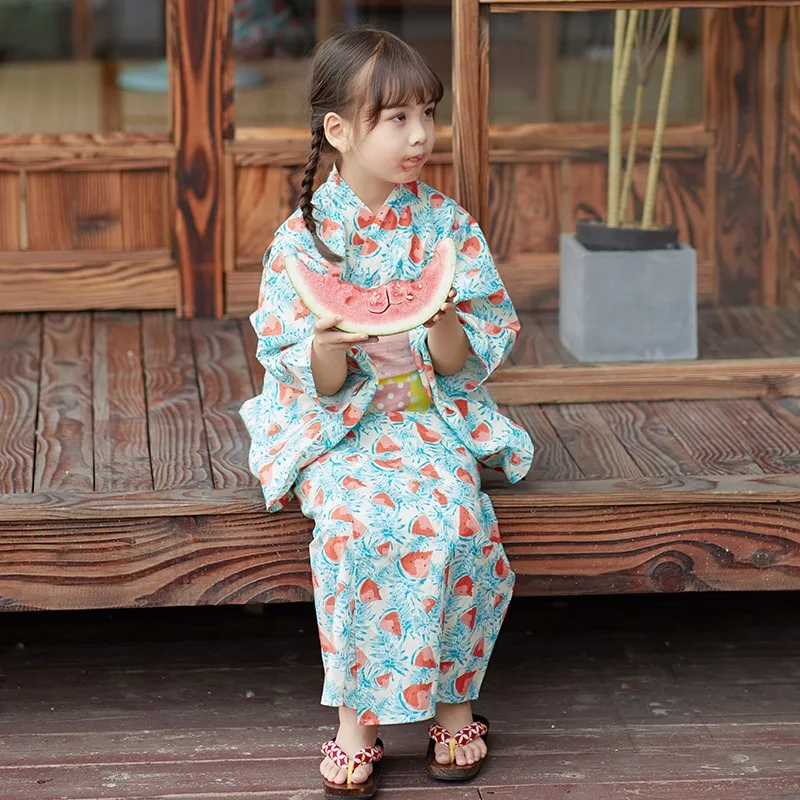 Summer Cotton Light Green Watermelon Printed Japanese  Children\'s Kimono Japanese Bathrobe Girl\'s Dress Performance Yukata ZE496