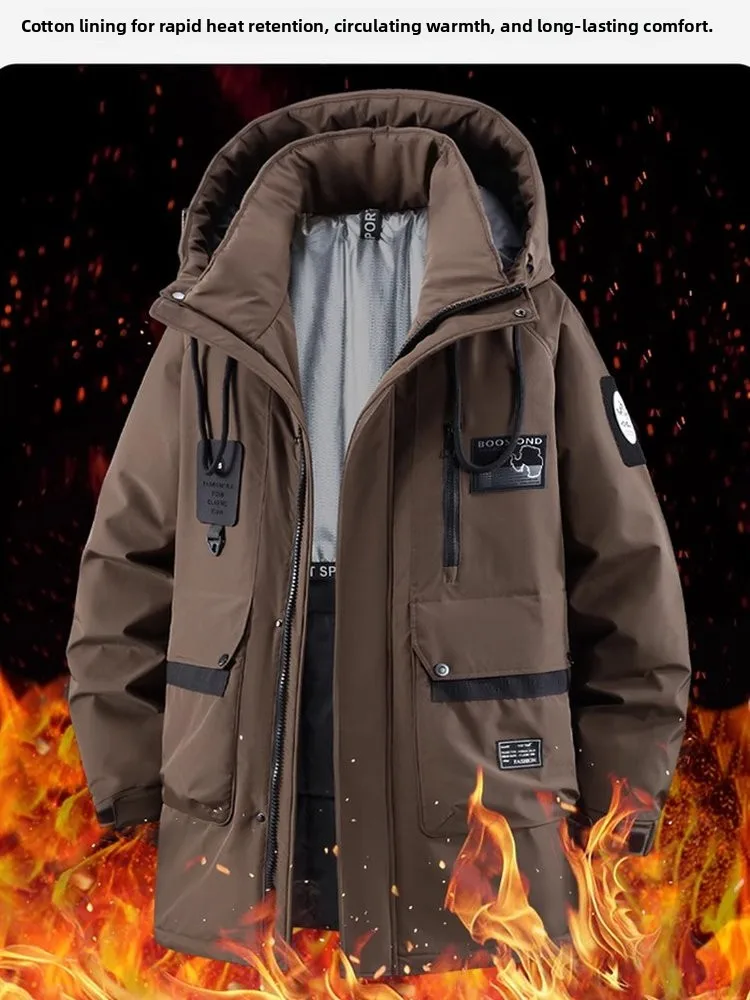 

Extra Large Men's down Cotton Jaet Winter Warm Windproof Coat over 300 Pou Mid-Length Polyester Fiber Filling Hooded