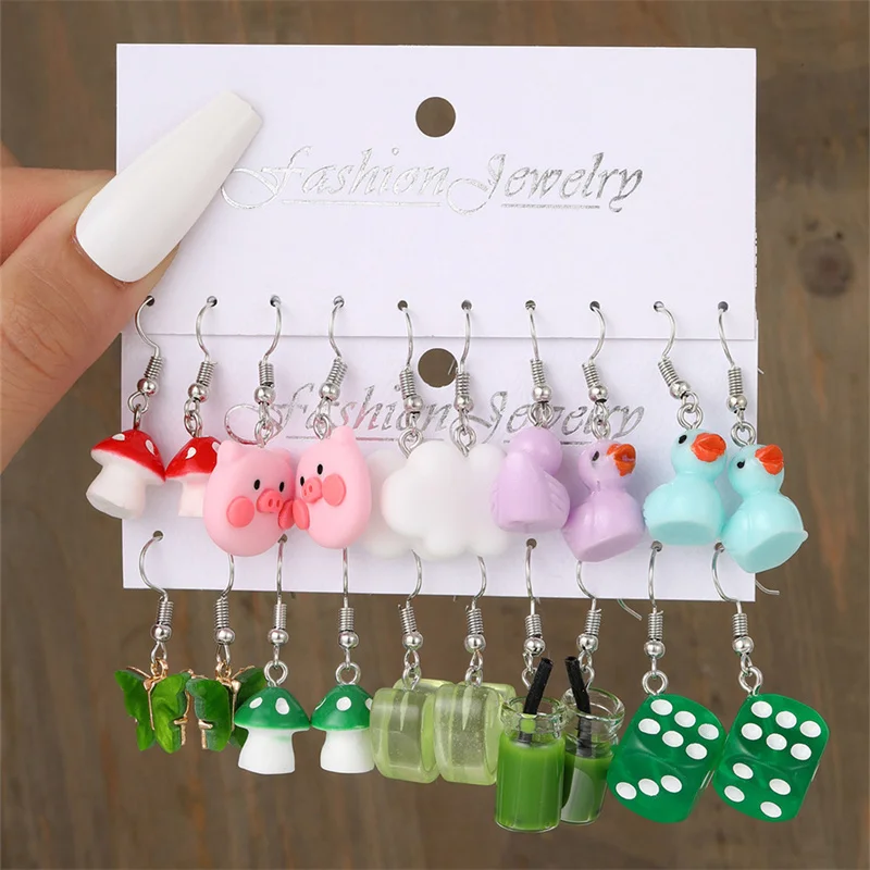 Colorful Butterfly Heart Cartoon Dangle Earrings Set For Women Girl Kids Cute Duck Clouds Resin Drop Earring Jewelry Accessories