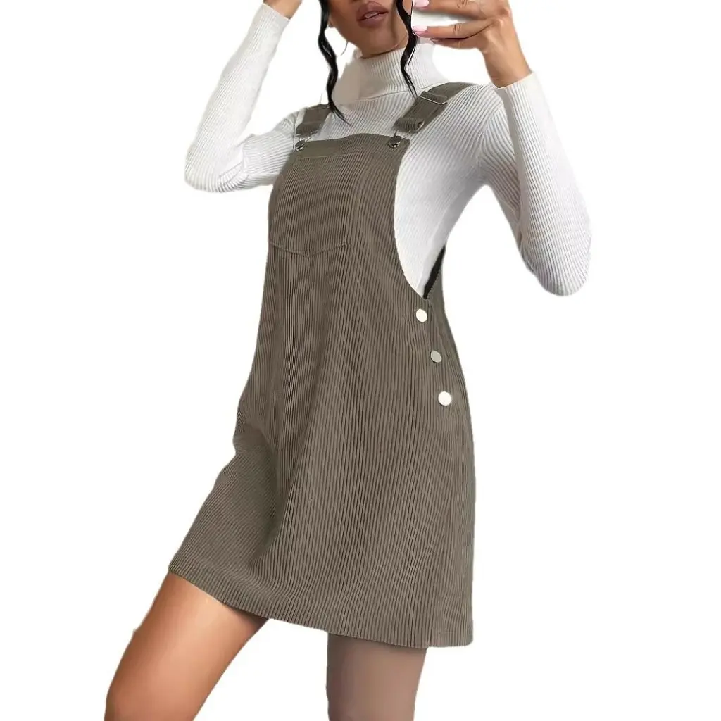 

Women's Corduroy Dress Adjustable Button Strap Solid Color Casual European And American Style Spring Summer Autumn Dress