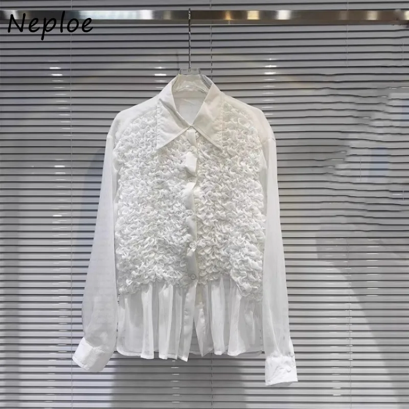 Neploe Sexy See Through Chiffon Blusas Mujer 2024 Summer New White Shirts Women Heavy Fungus Long Sleeve Loose Blouses