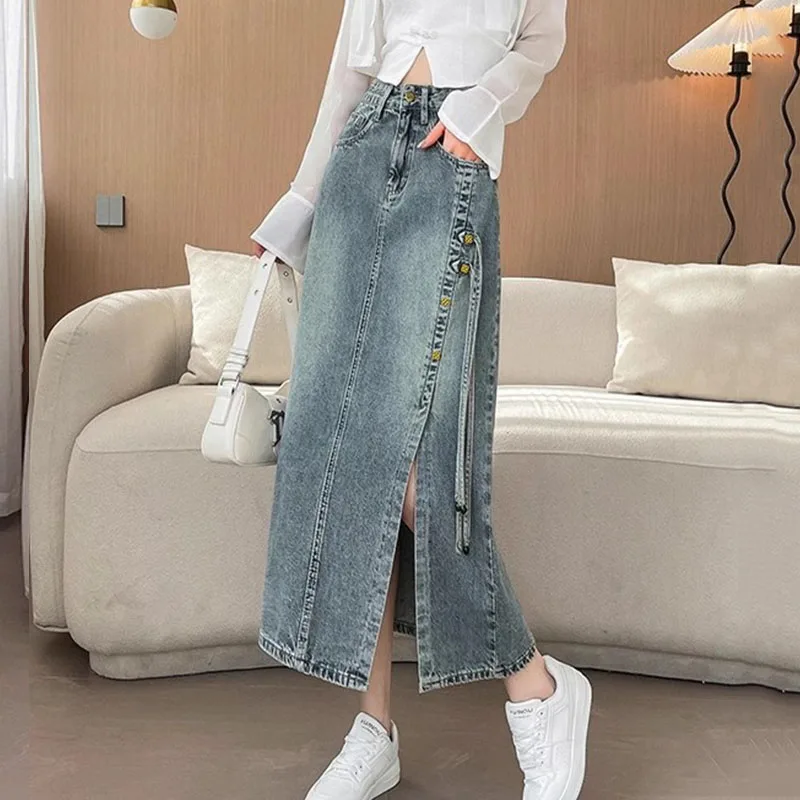 Fashion Side Tie Denim Skirt Ladies Women High Waist Harajuku Korean Style A-line Long Skirt For School Girl Casual Faldas