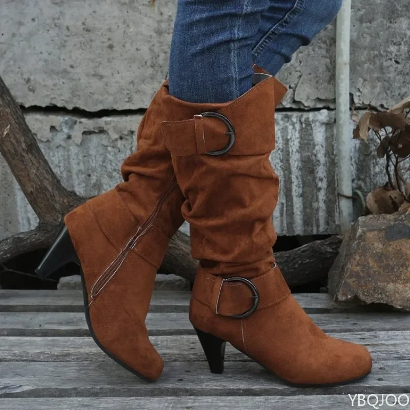 Botas de longitud media versátiles a la moda para primavera y otoño, zapatos de tacón alto simples y elegantes para mujer, botas cómodas minimalistas