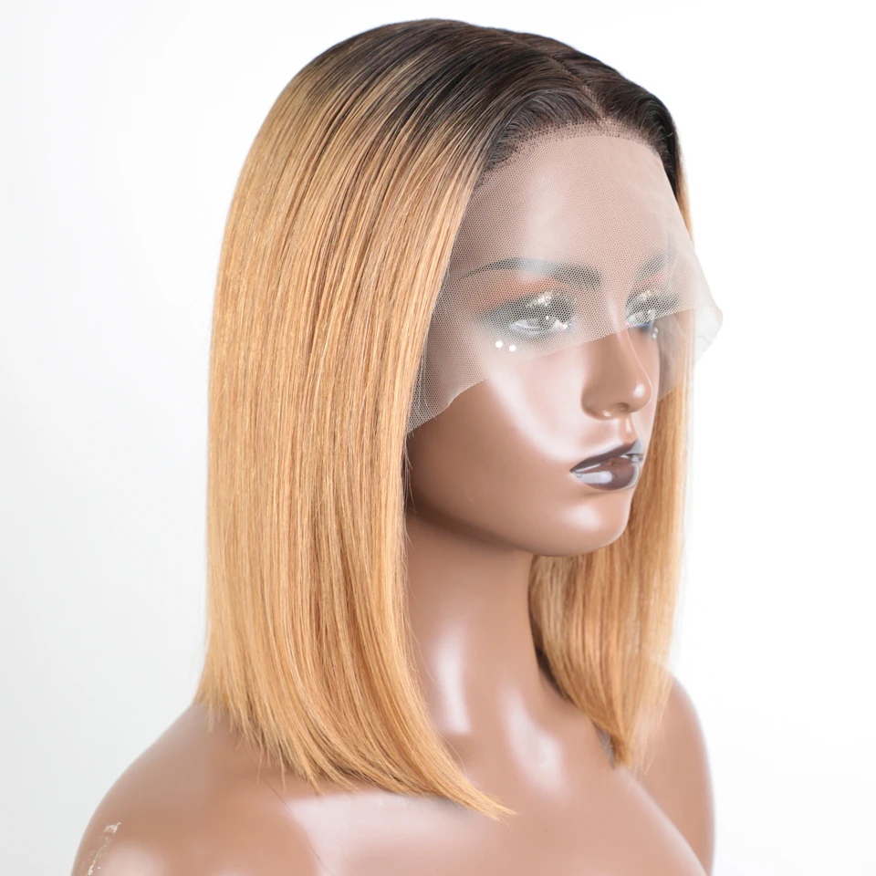 Lekker Ombre Gold Blonde Short Straight Bob 13x1 Lace Front 100% Human Hair Wigs For Women Glueless Brazilian Remy Hair Colored