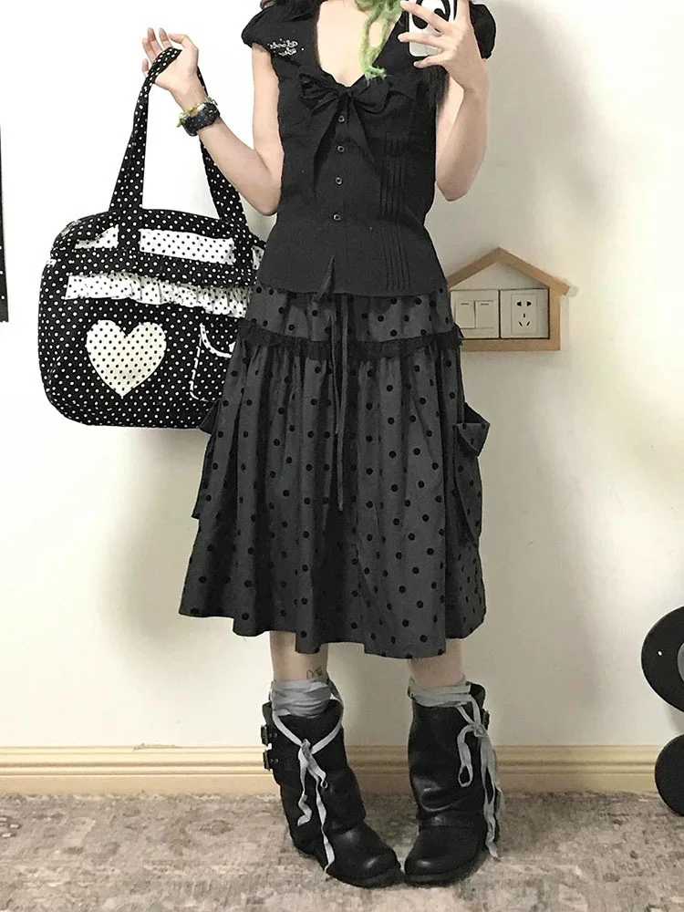 2000 Aesthetic Polka Dot Gray Design Skirt Women New American Retro Cute Skirts Female A-Line Hottie Lace Korean Popular Clothes
