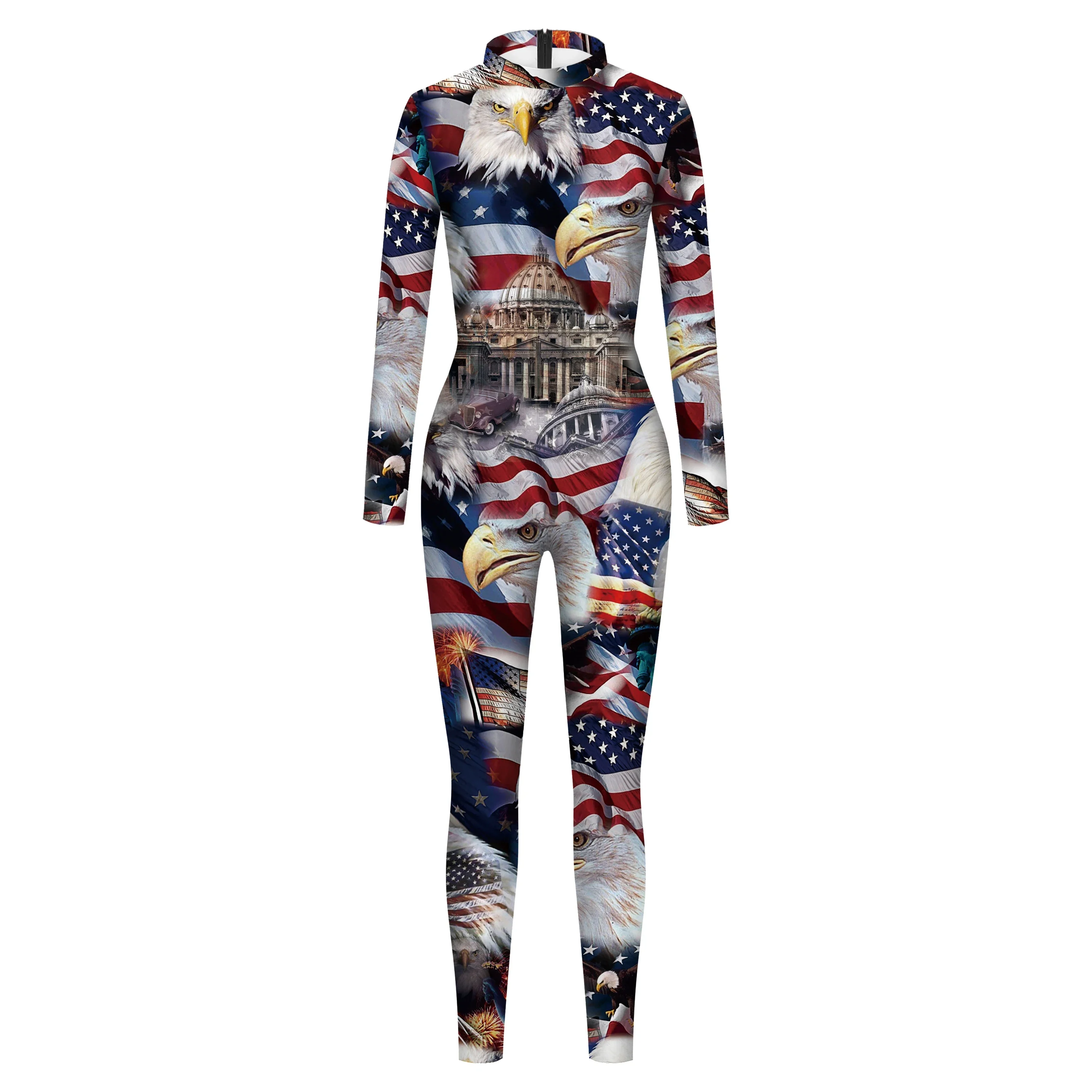 Teanoon Independence Day Costume Women US Flag Printed Bodysuit Sexy Zentai Suit Girls Holiday Clothes Party Jumpsuit