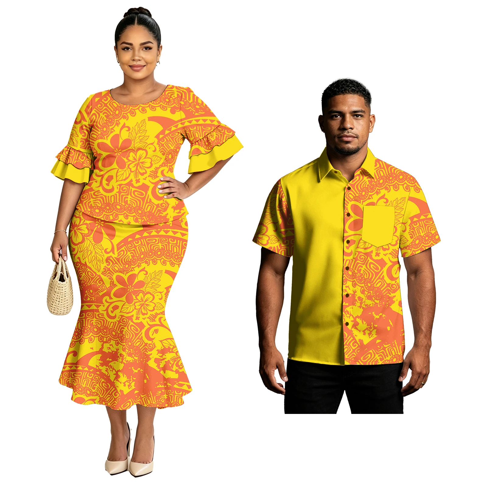 Printed Floral Shirt - เสื้อแขนกลีบดอกไม้สำหรับผู้หญิงและกระโปรงทรงเมอร์เมด ชุด 2 ชิ้น เสื้อเชิ้ตอโลฮ่าลำลองสำหรับผู้ชาย ชุดคู่พิมพ์ลายดอกไม้แบบซามัวพูเลตาซี