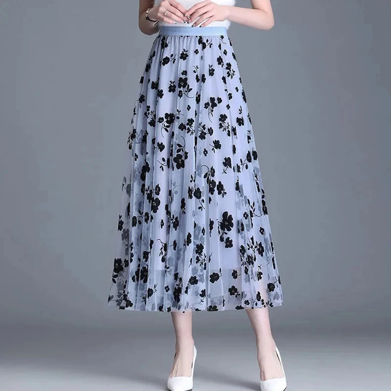 80cm  Tulle Midi Skirt Korean Women Elegant Hook Floral High Waisted Skirt Summer Holiday Fashion Casual Lady Mesh Skirt New