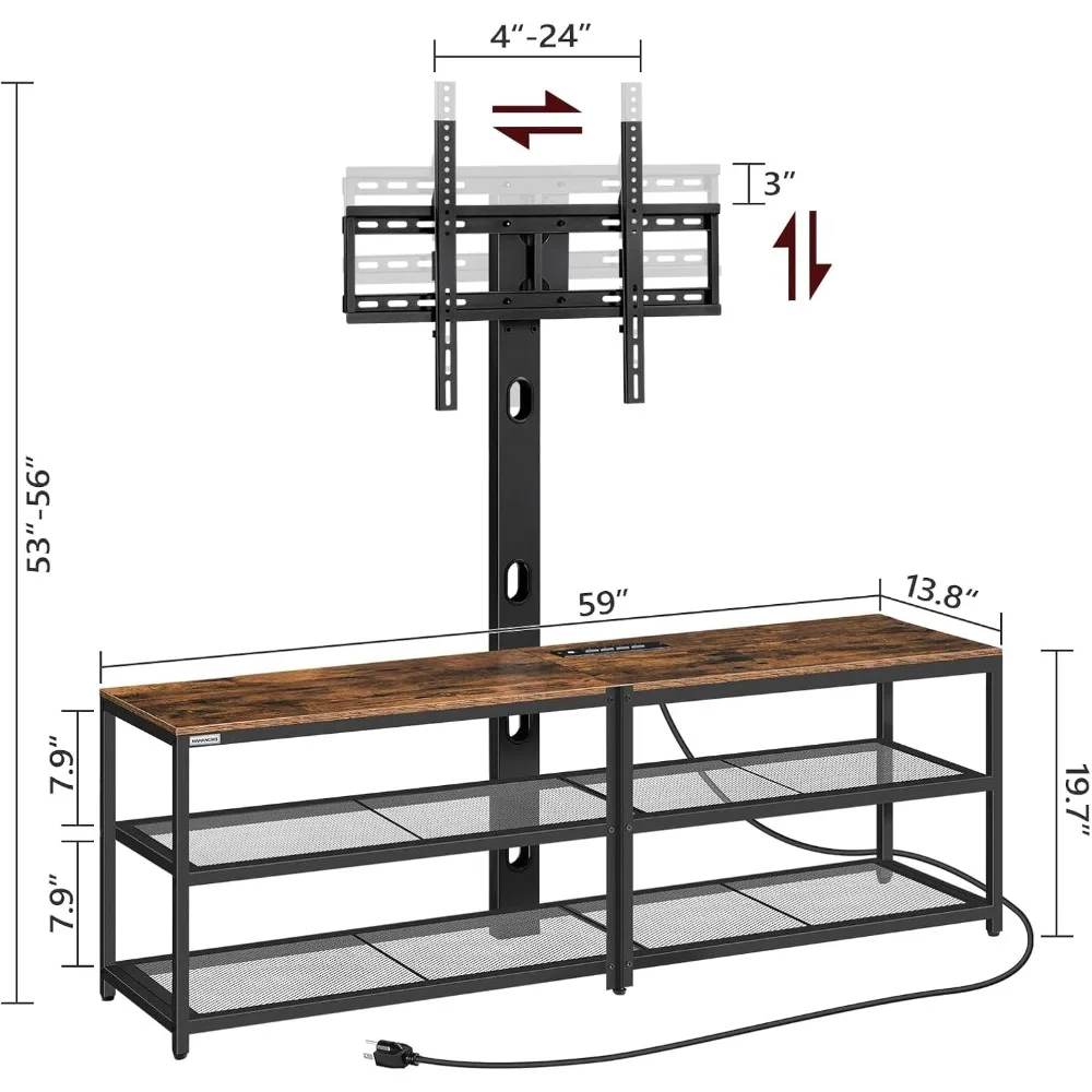 حامل تلفزيون دوار لأجهزة التلفاز مقاس 75 بوصة: مركز ترفيهي مزود بـ 4 منافذ طاقة وحامل