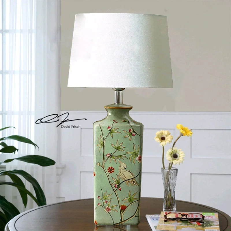 

38x71cm American Flower and Bird Green Ceramics Large Table Lamps for Living Room Bedroom Bedroom Lamps Bedside Lamp Art Deco