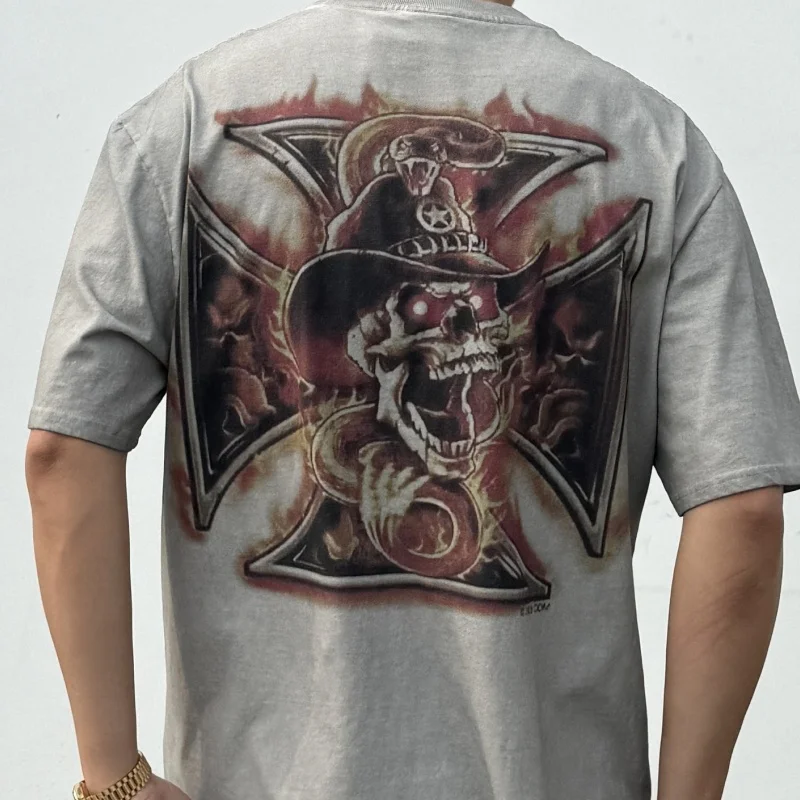 

Flame Skull Print Men Women West Coast T Shirt Washed Cement Grey Casual Oversized Short-sleeved T-shirt Westcoast Sport Top