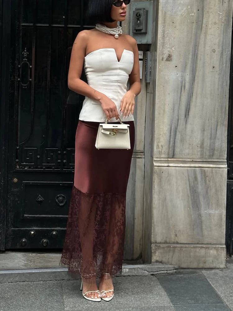 

Сексуальная кружевная лоскутная длинная юбка, женская мода, однотонная, с высокой талией, средней длины, с прозрачной нижней частью, женские повседневные клубные вечерние уличные юбки