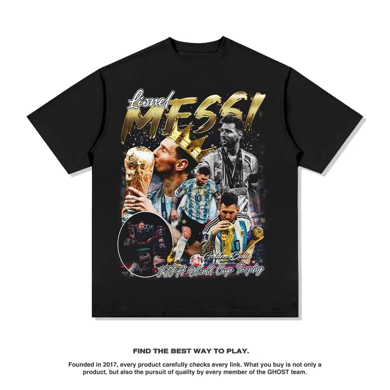 

Messi Argentina American Star Men T-shirt Street Hip-hop Trendy Brand Retro Printing Pure Cotton Large Size Loose Short Sleeves